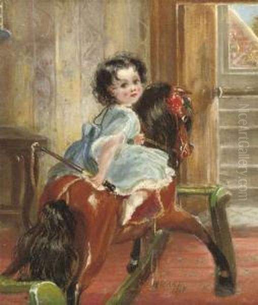 Flora Emma Sarah Ward On A Rocking Horse Oil Painting by Henrietta Ward