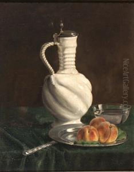 Still Life With A Pewter Lidded White Pottery Jug Andpewter Plate With Three Peaches Oil Painting by Hilda Ward