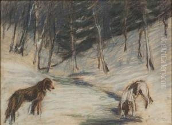 Dogs By A Winter Stream Oil Painting by Hilda Ward