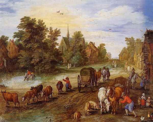 Busy Village Street with Resting Travellers Oil Painting by Jan The Elder Brueghel