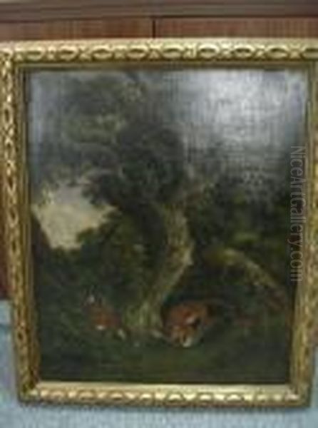 Foxes With Mallard In A Wooded Landscape Oil Painting by James Ward