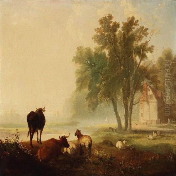 Landscape With Grazing Sheeps And Cows Oil Painting by James Ward