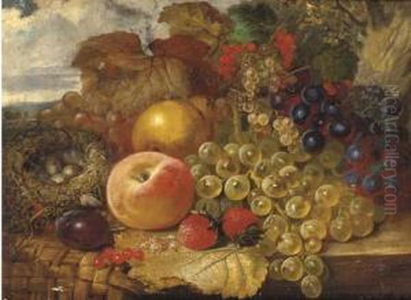 Grapes, Strawberries, A Peach, A Pear, Red And Whitecurrants With A Bird's Nest On A Ledge Oil Painting by James Charles Ward