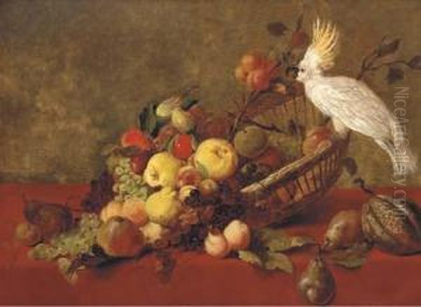 Apples, Peaches, Pears, Grapes And Other Fruit In A Basket On Adraped Table With A Cockatoo Oil Painting by James Charles Ward