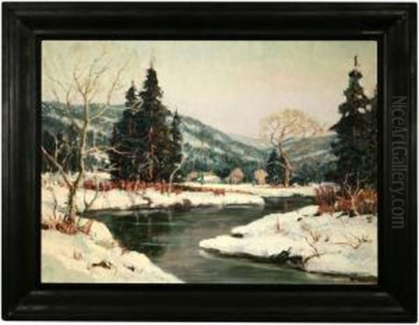 River Flowing Through A Winter Landscape Oil Painting by Jefferson Stephen Ward