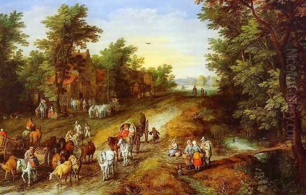 Rustic Landscape with Inn and Travellers Oil Painting by Jan The Elder Brueghel