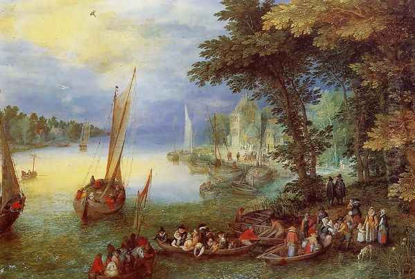 River Landscape Oil Painting by Jan The Elder Brueghel