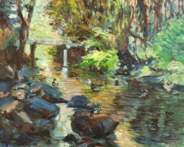 Bridge, Pond, Ducks Oil Painting by Keith Ward