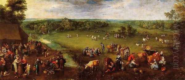 Flemish Dairy Farm Oil Painting by Jan The Elder Brueghel