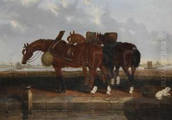 Barge Horses By A Canal Oil Painting by Martin Theodore Ward