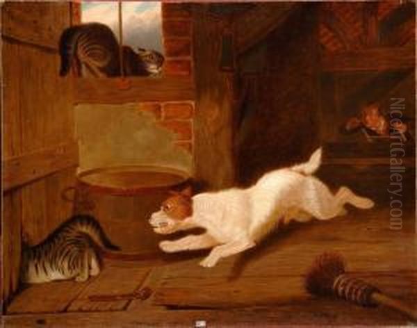 Chien Poursuivant Les Chats Oil Painting by Martin Theodore Ward