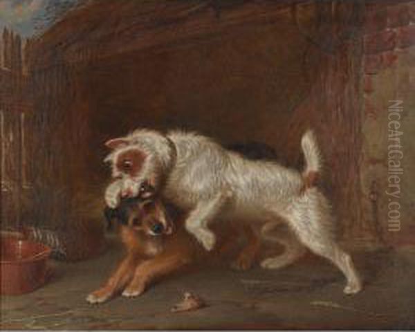 Terriers Claiming A Bone Oil Painting by Martin Theodore Ward