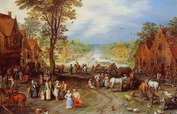 Village Street with Canal Oil Painting by Jan The Elder Brueghel