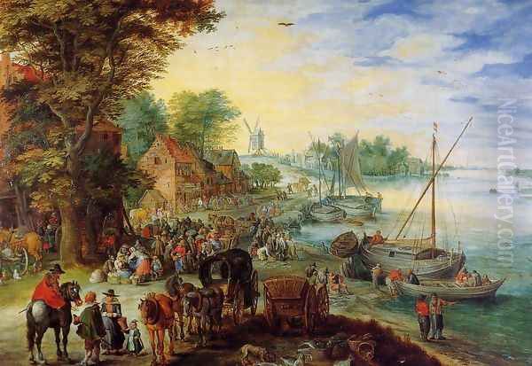 Fish Market on the Banks of the River Oil Painting by Jan The Elder Brueghel