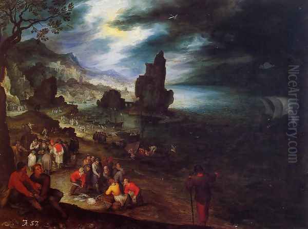 Coastal Landscape with the Sacrifice of Jonas Oil Painting by Jan The Elder Brueghel