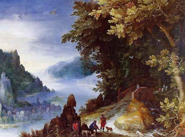 River Landscape with Resting Travellers Oil Painting by Jan The Elder Brueghel