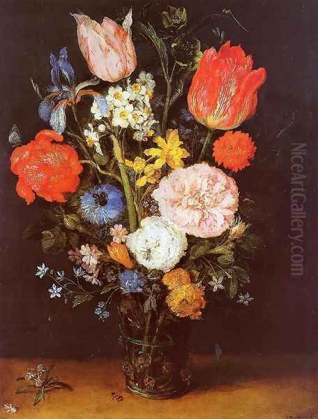 Flowers in a Glass Vase Oil Painting by Jan The Elder Brueghel