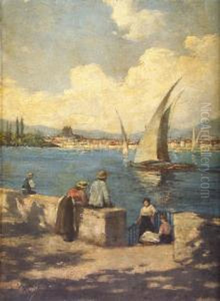 Figures In Port With Boats In Middle Ground Oil Painting by H. Warden