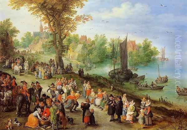 Village Landscape with Self Portrait Oil Painting by Jan The Elder Brueghel