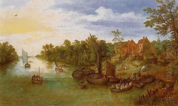 River Landscape with Landing Oil Painting by Jan The Elder Brueghel