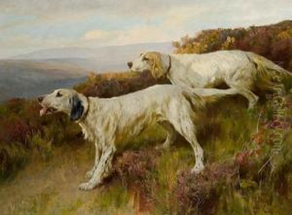 Two English Setters On A Moor Oil Painting by Arthur Wardle