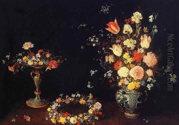 Still Life with a Tazza, Garland and Bouquet of Flowers in a Porcelain Vase Oil Painting by Jan The Elder Brueghel