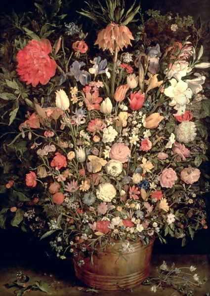 Large bouquet of flowers in a wooden tub 1606 07 Oil Painting by Jan The Elder Brueghel