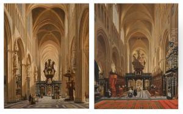 Interieur Van De Sint-salvatorkerk Te Brugge Met Doksaal, Orgel, Preek-en Koorgestoelte, Geestelijken En Personages Oil Painting by Joseph Warlincourt