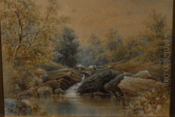 A Pair, Rocky Torrent And Fishing In Still Waters Oil Painting by Ebenezer Alfred Warmington