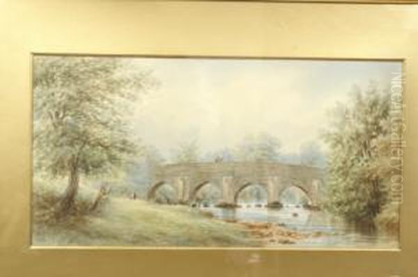 The Quiet River, With Bridge And Horse And Figure Crossing Oil Painting by Ebenezer Alfred Warmington