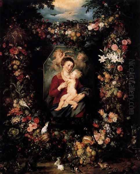 Virgin and Child Surrounded by Flowers and Fruit Oil Painting by Jan The Elder Brueghel