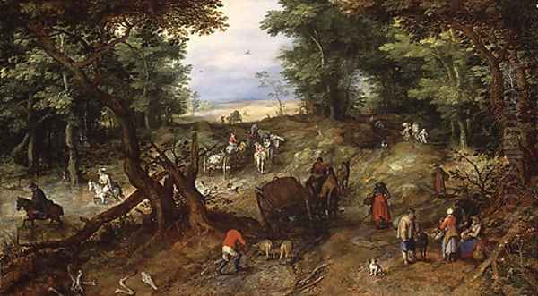 A Woodland Road with Travelers 1607 Oil Painting by Jan The Elder Brueghel