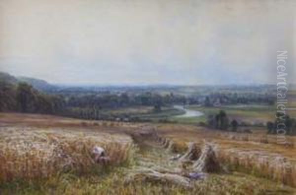 Rural View With Harvesters, 
Possibly Looking Towardsmapledurham On The Thames Oil Painting by Edmund George Warren