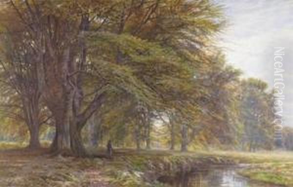 A Lone Huntsman In A Wooded River Landscape Oil Painting by Edmund George Warren