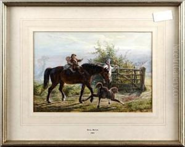 A Farm Labourer With His Children, A Horse And A Foal Oil Painting by Henry Warren