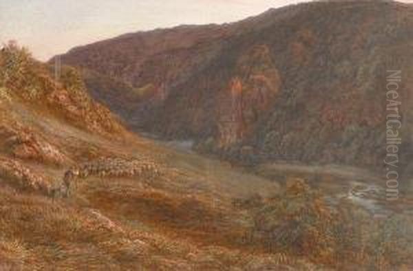 Landscape With Farmer Herding Sheep Oil Painting by Henry Warren