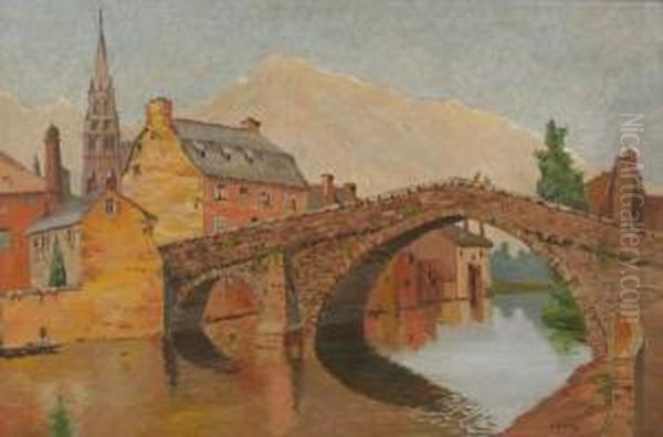 European City Scene With Stone Bridge And Snow Capped Mountains. Oil Painting by Andrew W. Warren