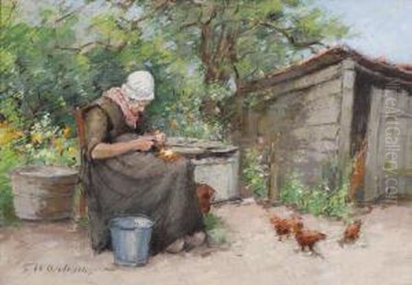 The Peeling Of Potatoes In Thesun Oil Painting by Fraukje Wartena