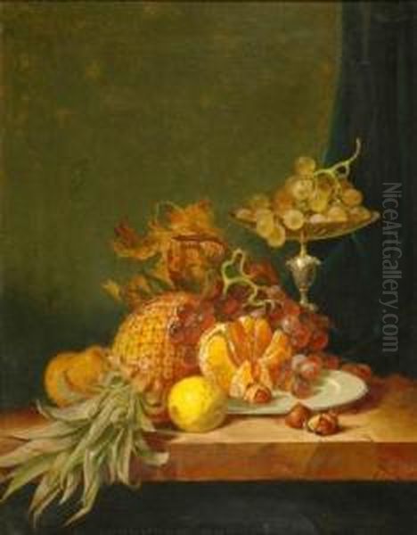 Still Life With Pineapple, Grapes, Pear, Lemon And Chestnuts Oil Painting by R.W. Warwick