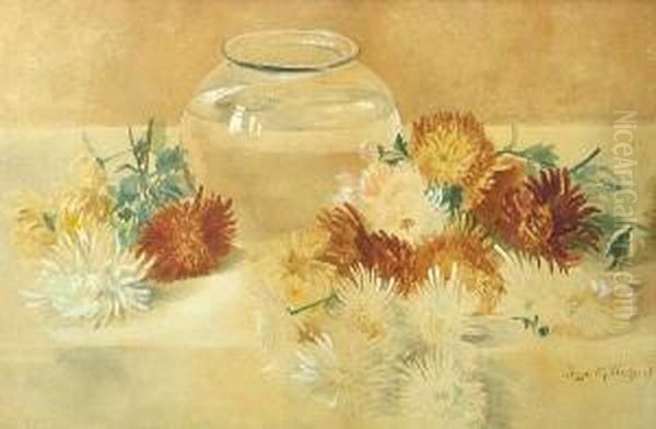 Still Life With Cup Flowers Surrounding A Vase Oil Painting by Jessie M. Washburn