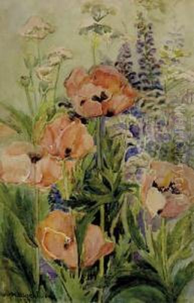 Poppies In Garden Oil Painting by Mary May Nightingale Washburn