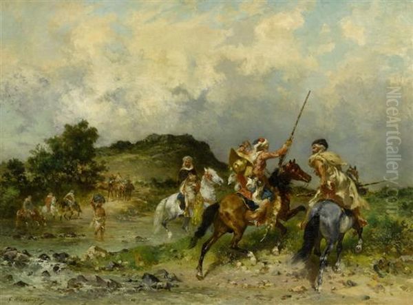 Arab Riders Before A Broad Shore Landscape Oil Painting by Georges Washington