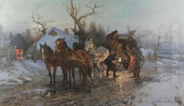 Naprawa Kola Oil Painting by Ignacy (Czeslaw Wasilewski) Zygmuntowicz