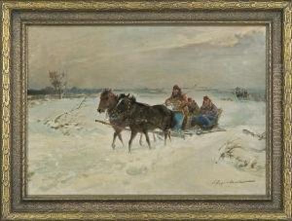 Sledging Oil Painting by Ignacy (Czeslaw Wasilewski) Zygmuntowicz