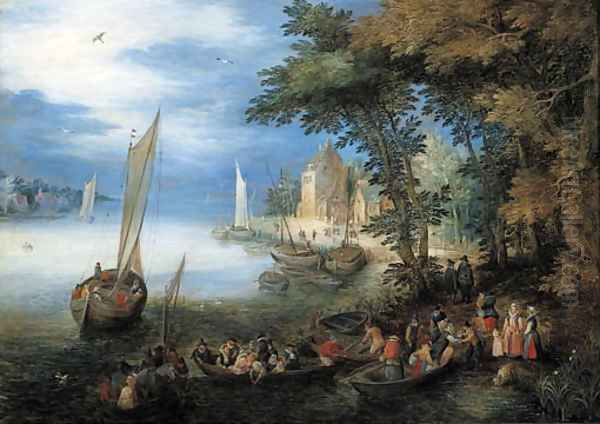 A river landscape with a ferry arriving near a landingstage, a sailing vessel nearby Oil Painting by Jan The Elder Brueghel