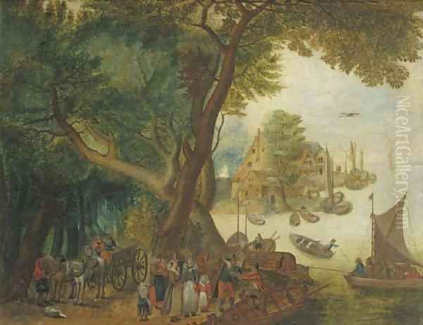 A river landscape with elegant figures, a village and sailing boats in the distance Oil Painting by Jan The Elder Brueghel