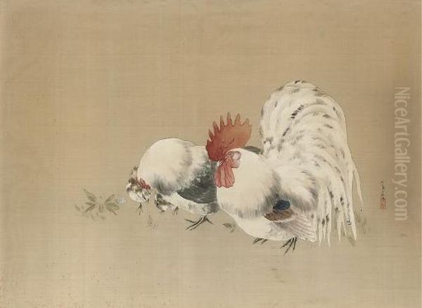 In Sumi, Gofun And Colours On Silk, Depicting A Cockerel, Hen And Chicks Beside Flowers -- 19Â¾in. X 27in. , Signed And Sealed, Mounted And Framed And Glazed Oil Painting by Seiti Shotei Watanabe