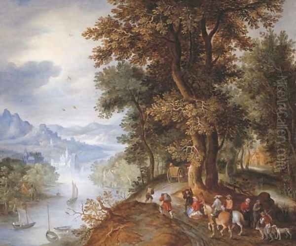 An extensive mountainous river landscape with horsemen and figures returning from the falconry, villages in the valley beyond Oil Painting by Jan The Elder Brueghel