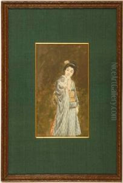 Depicting A Young Woman In A Gray-blue Kimono Oil Painting by Yuko Watanabe