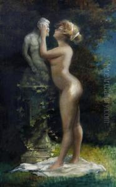 A Female Nude Before A Garden Statue Oil Painting by Charles Joseph Watelet